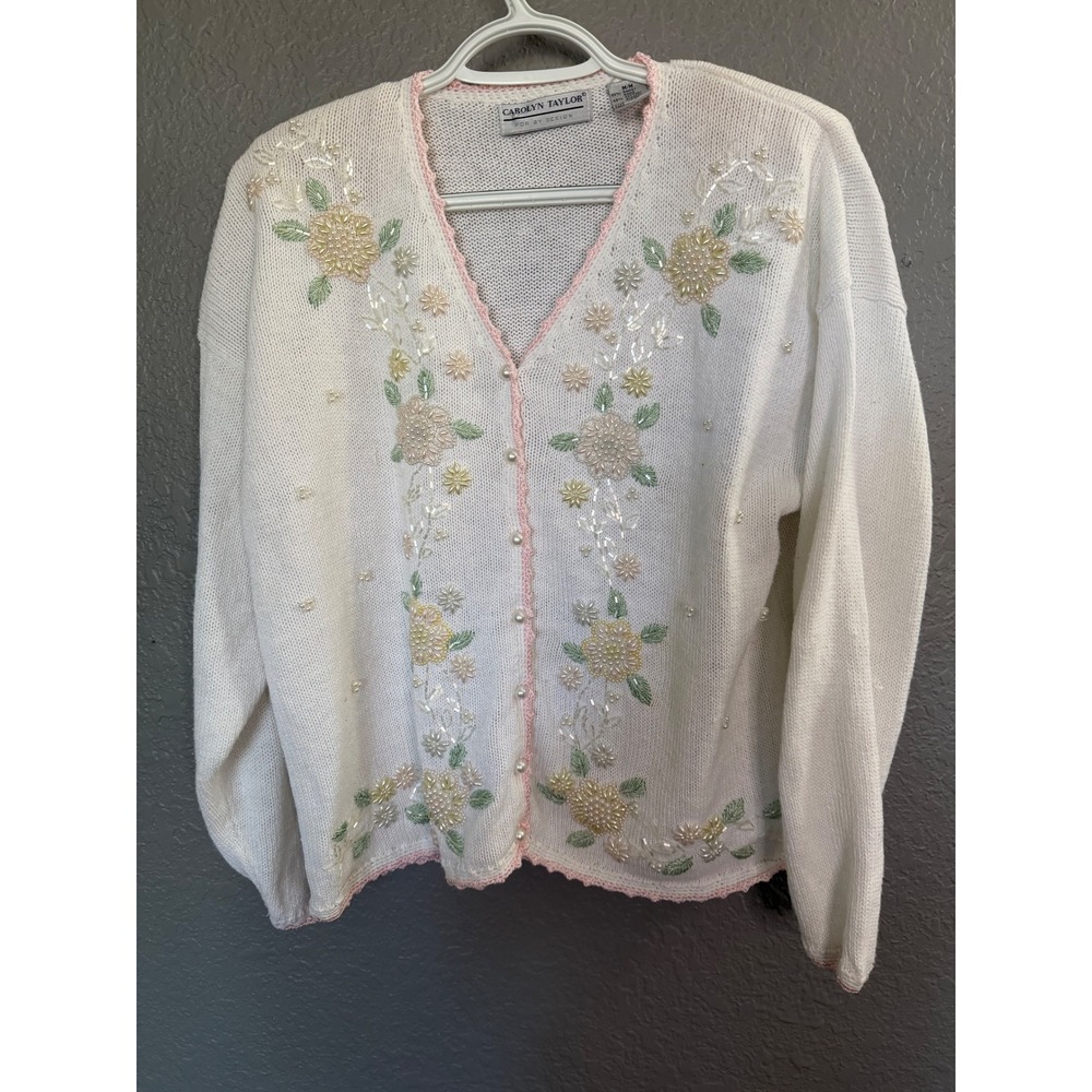 Carolyn Taylor VTG‎ Floral Beaded Cardigan White Pink  Pearl Buttons M Grandma